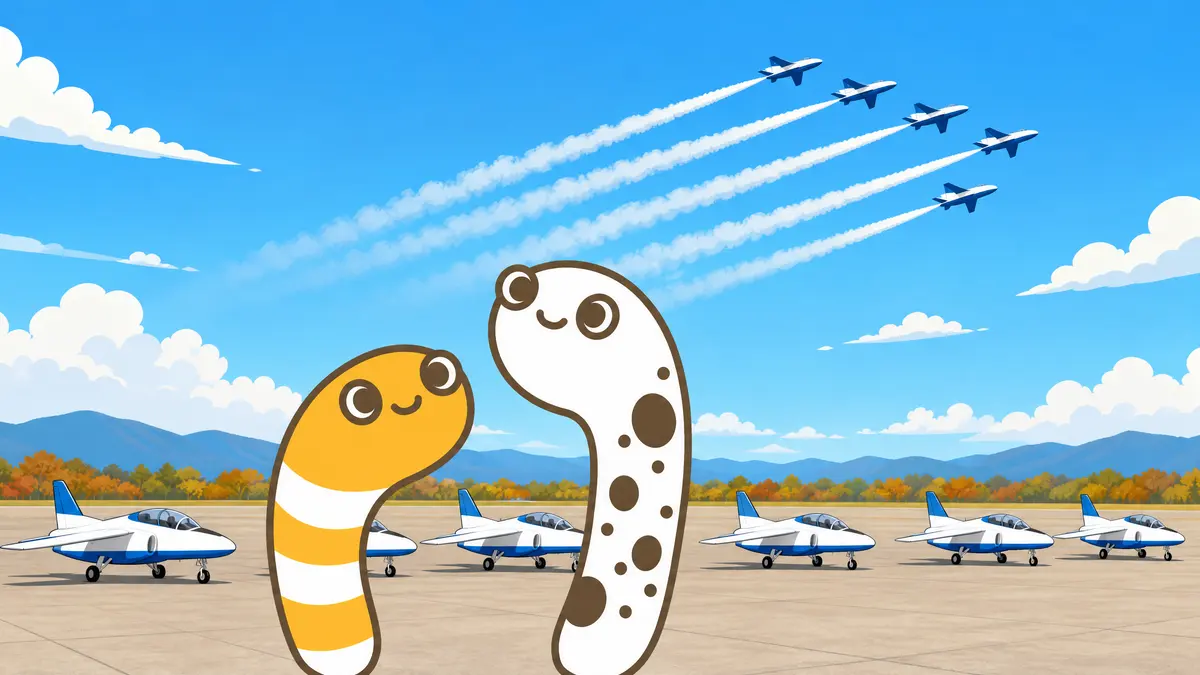 機体が並ぶエプロンで、空の編隊を見上げるちんあなごの2匹（イメージ）