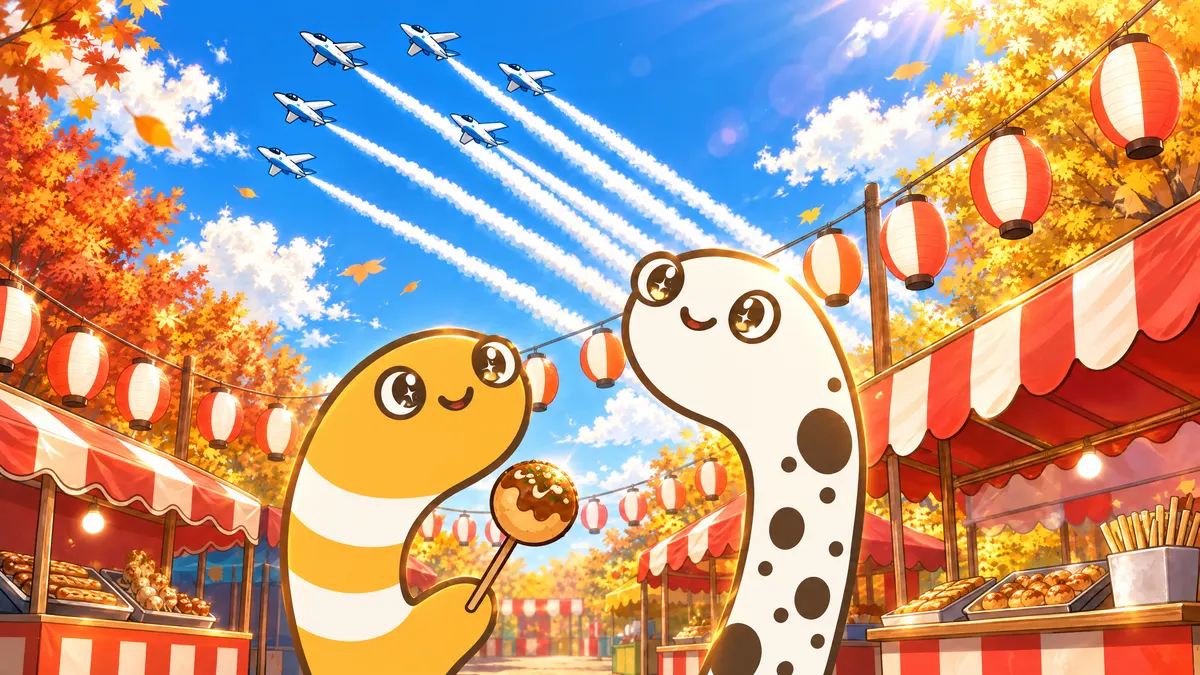 ちょうちんと屋台が並ぶ秋まつりで、空の編隊を見上げるちんあなごの2匹（イメージ）