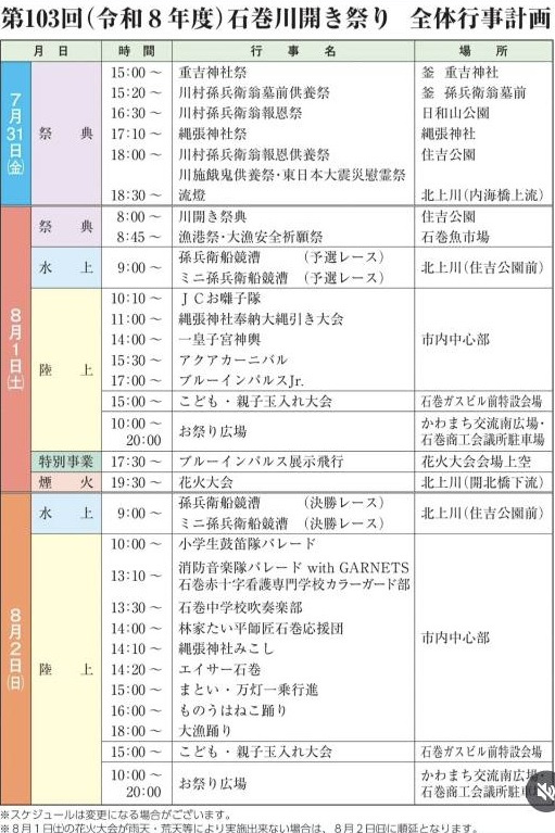 第103回石巻川開き祭り全体行事計画 8月1日17時30分ブルーインパルス展示飛行予定