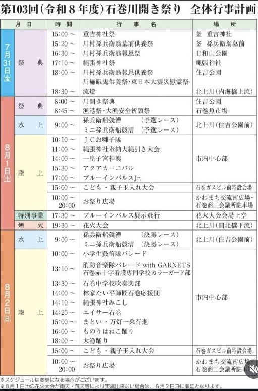 第103回石巻川開き祭り全体行事計画 8月1日17時30分ブルーインパルス展示飛行予定