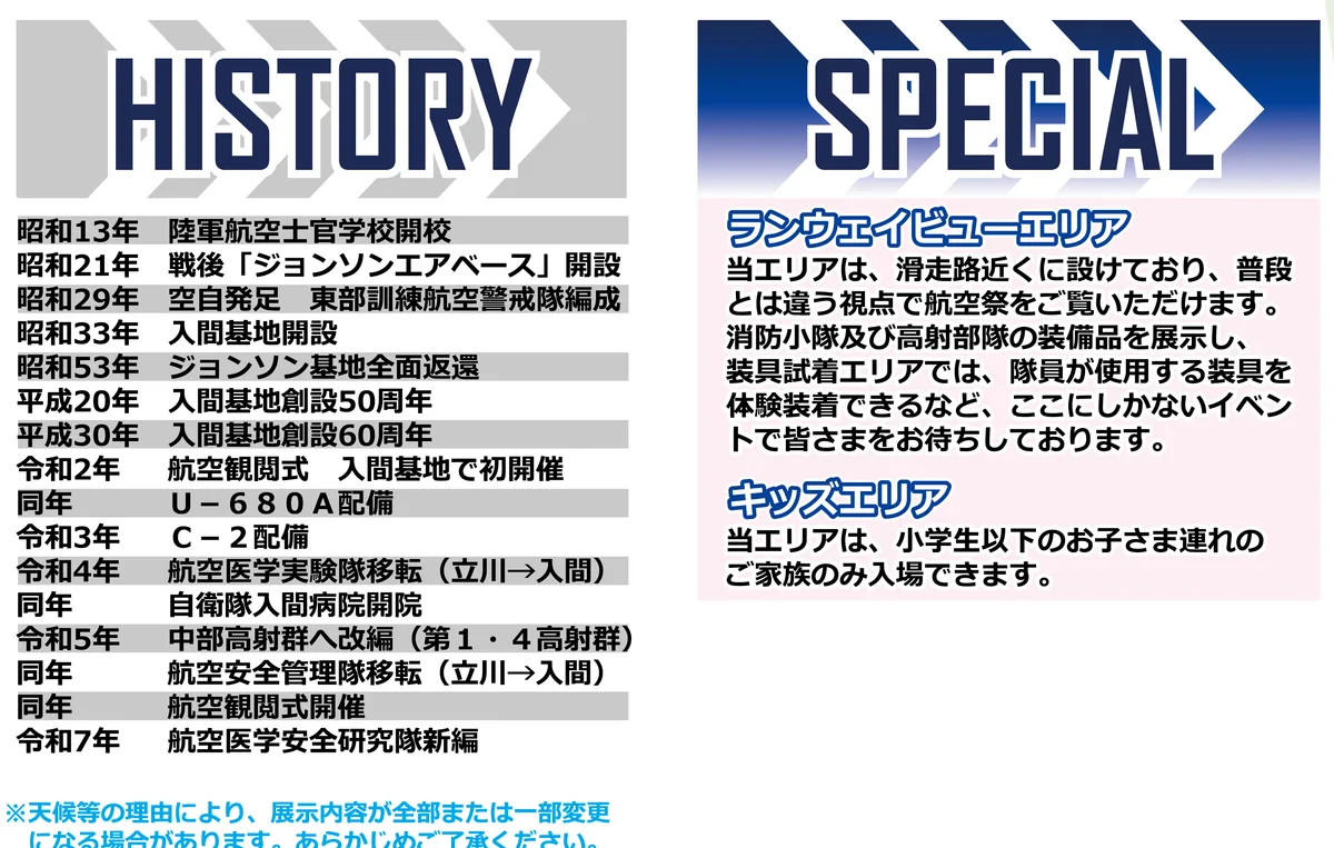 入間航空祭2026の公式プログラムの「HISTORY」(入間基地の歩み・昭和13年の陸軍航空士官学校移校から令和7年まで)と「SPECIAL」(ランウェイビューエリアとキッズエリアの案内)