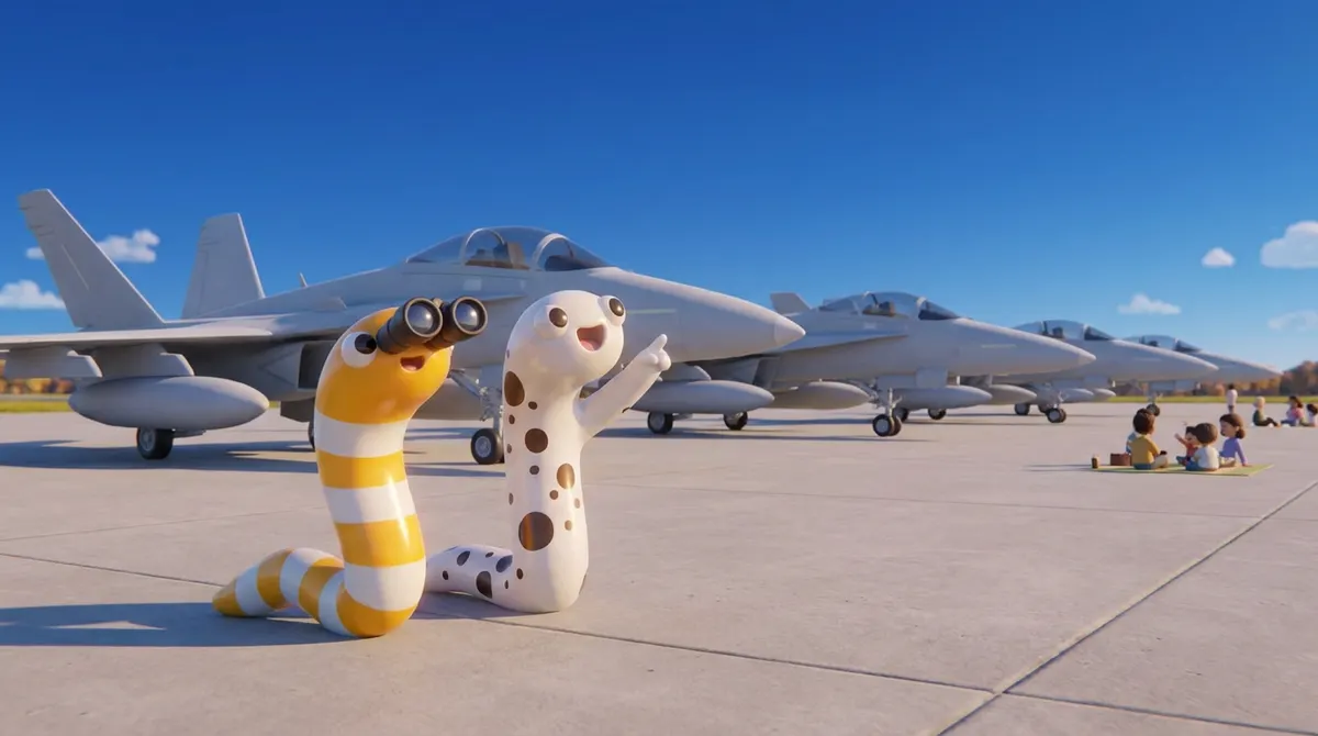 基地のエプロンに並ぶ戦闘機の地上展示の前に立つ3Dのちんあなご2匹（イメージ画像・AIで作成）