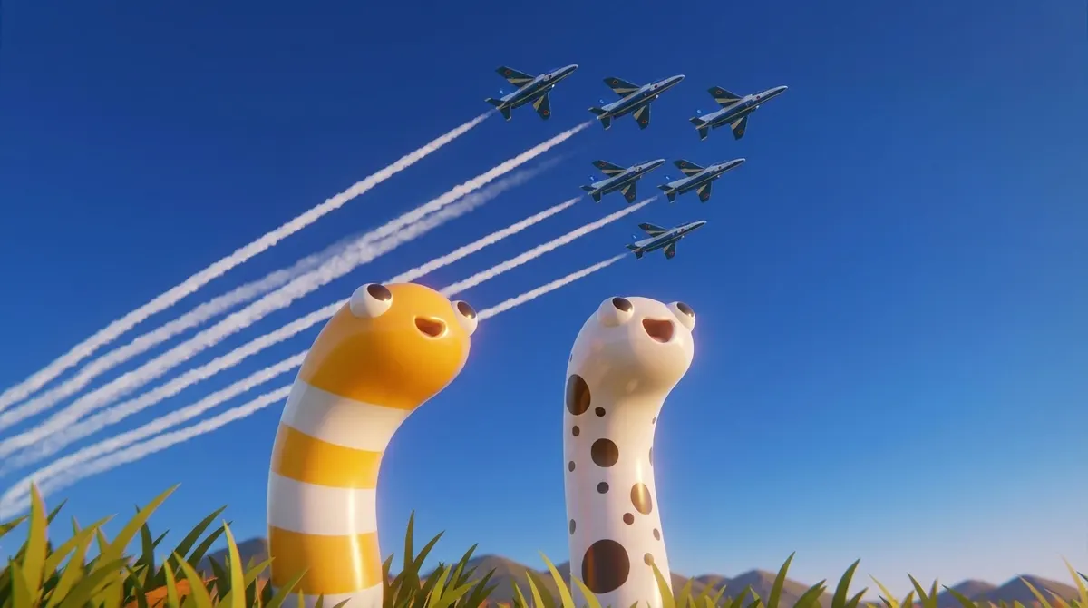 青空に白いスモークを引いて編隊で飛ぶジェット機を見上げる3Dのちんあなご2匹（イメージ画像・AIで作成）