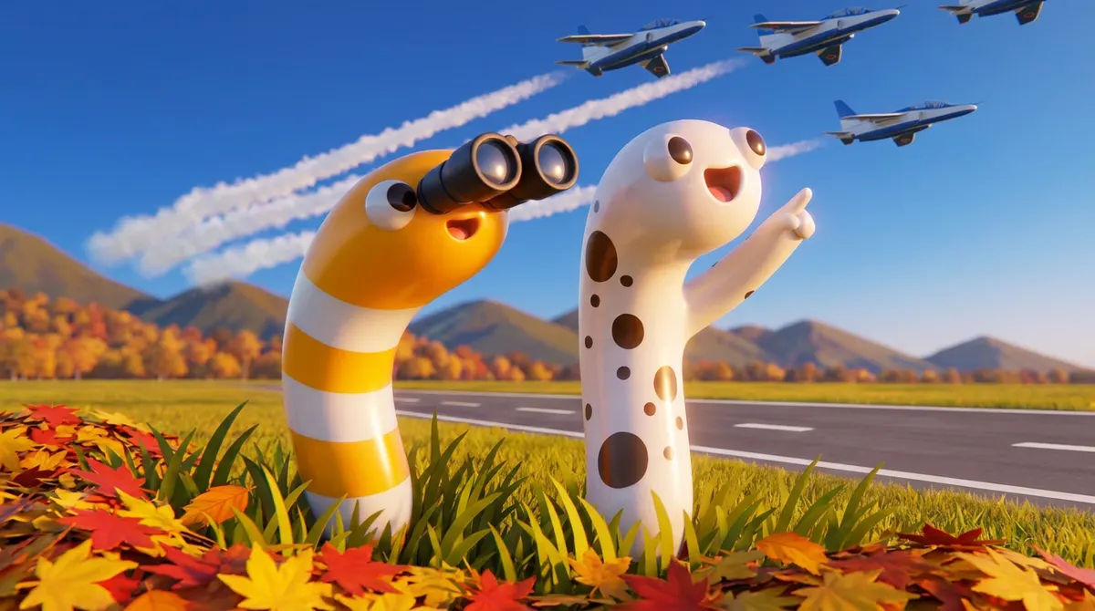 紅葉の中、双眼鏡で空のジェット機を見る3Dのちんあなご2匹（イメージ画像・AIで作成）