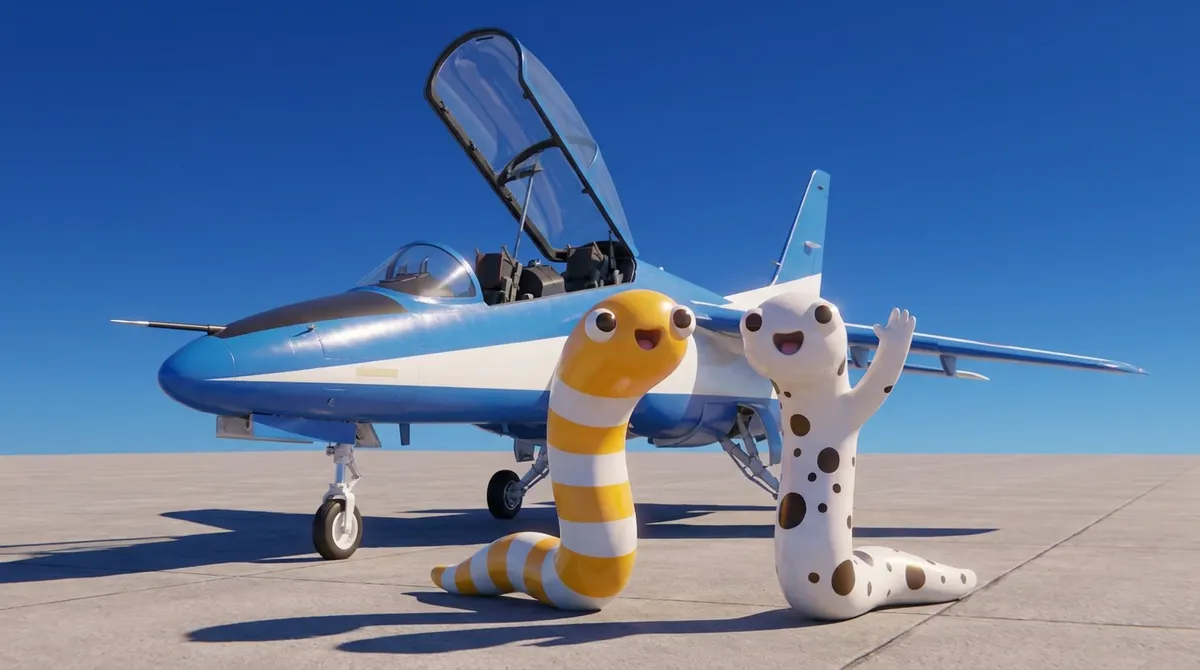 キャノピーを開けた青と白のジェット機の前で手をふる3Dのちんあなご2匹（イメージ画像・AIで作成）