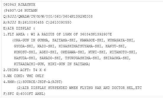 NOTAM P4937/26(鴻巣・ブルーインパルス展示飛行・日本時間10月9日(金)13:55〜14:50)の原文