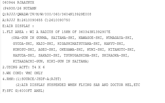 NOTAM P4938/26(鴻巣・ブルーインパルス展示飛行・日本時間10月9日(金)15:55〜16:50)の原文