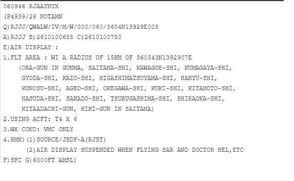 NOTAM P4939/26(鴻巣・ブルーインパルス展示飛行・日本時間10月10日(土)15:55〜16:50)の原文