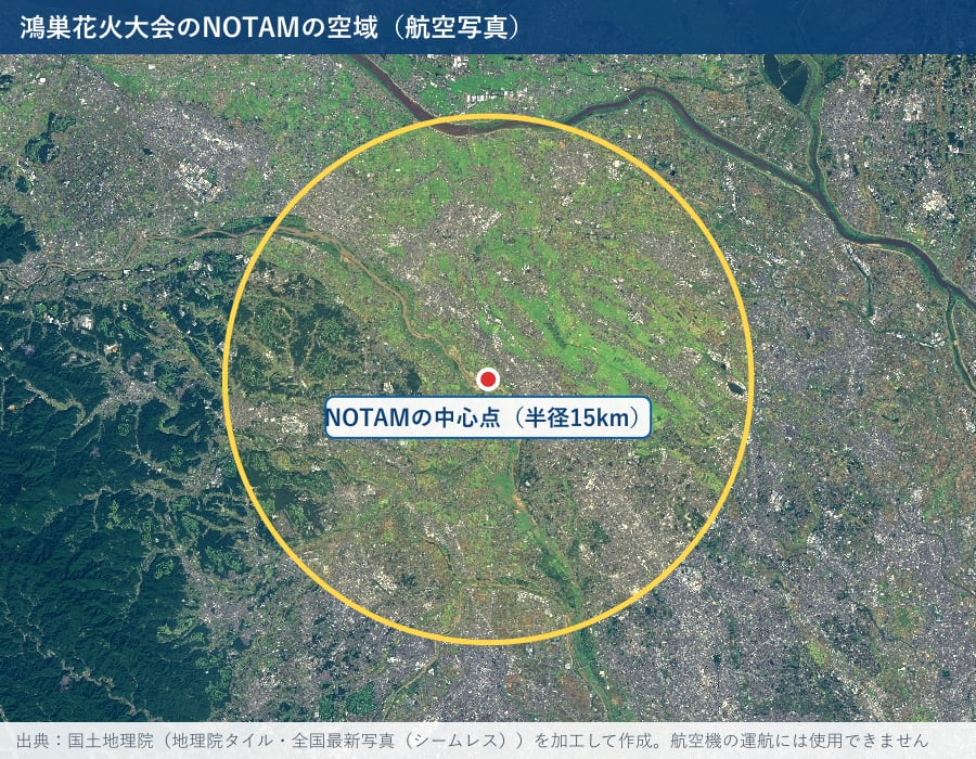 鴻巣のブルーインパルス展示飛行のNOTAMの空域(半径15km)を航空写真に描いた図