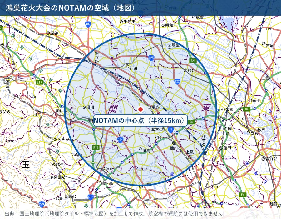 鴻巣のブルーインパルス展示飛行のNOTAMの空域(中心 北緯36度03分43秒・東経139度29分07秒、半径15km)を地図に描いた図